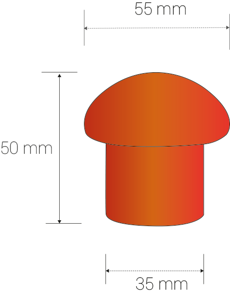 Dimensions en millimètres: diamètre de la tasse: 55, diamètre tube: 35, hauteur: 55